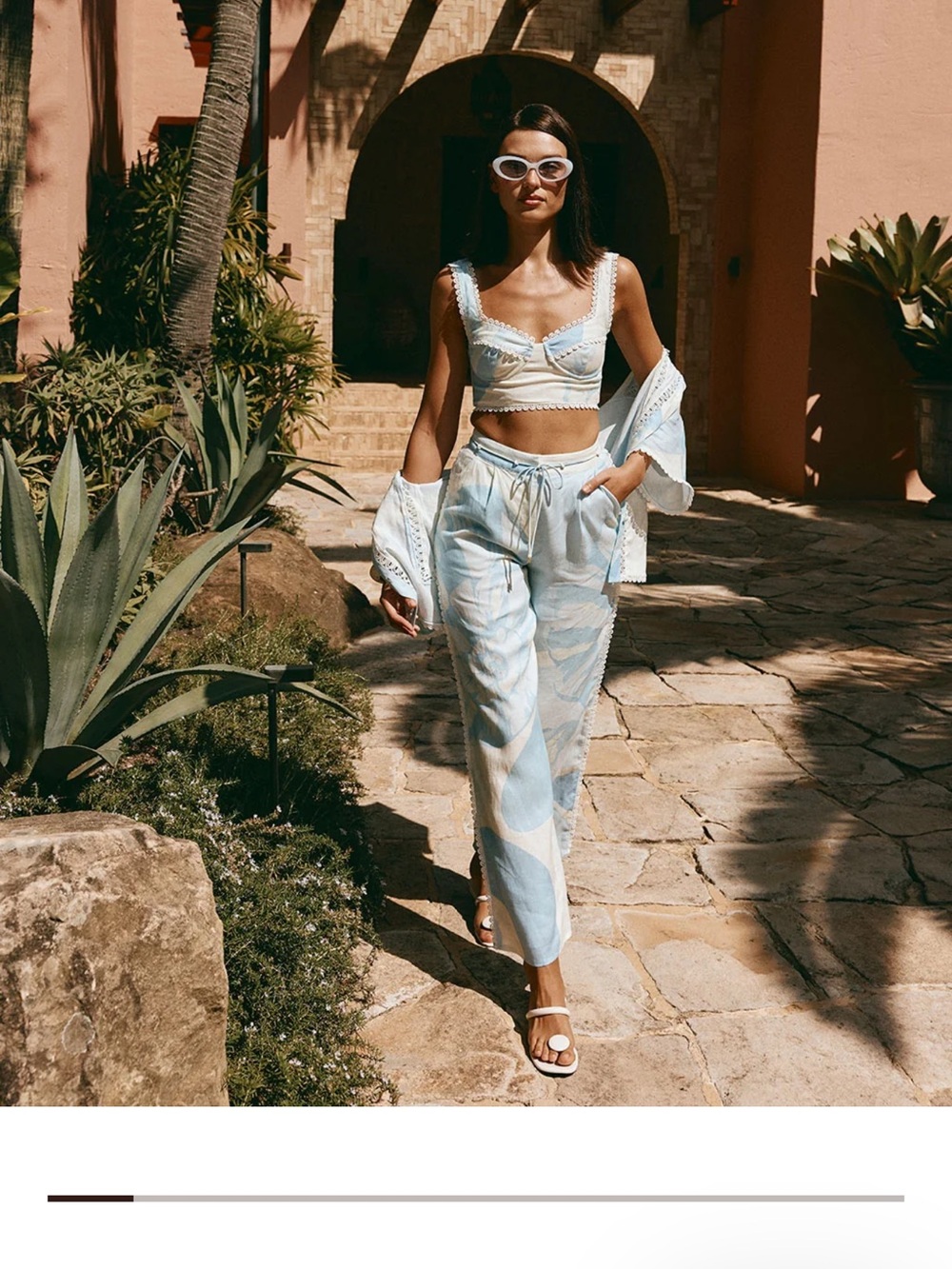 Light Blue Printed Wide-Leg Linen Pants - Women